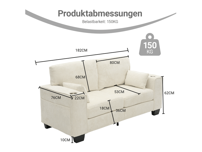  Canapé deux places 182 x 76 x 96 cm beige en tissu chenille, porte-gobelets et poches latérales  - Conforama C