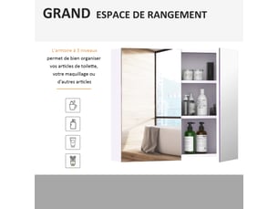 Armoire murale salle de bain avec miroir 70 x 60 cm avec étagère réglable, blanc, miroir salle de bain avec rangement