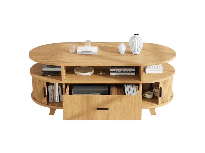  Table basse ovale 100x50x40 cm effet bois naturel avec tiroir et rangement  - Conforama A