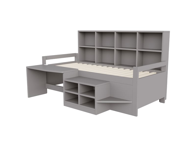  Lit enfant multifonctionnel 90x200 cm - lit simple avec rangement, bureau, étagères, led et prises - gris  - Conforama W
