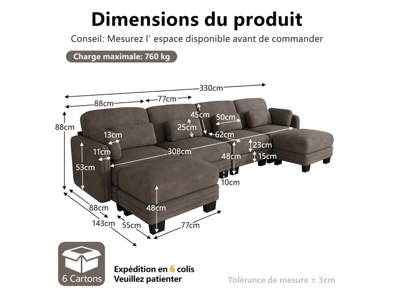  Canapé panoramique modulable 330 cm 4 places avec 2 poufs, coussins d’accoudoir amovibles, coussins lombaires épais, chenille, brun café  - Conforama D