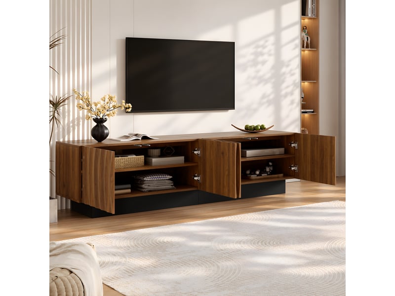  Meuble tv 180x40x50cm avec 4 portes à relief arqué 3d, étagères fixes, passe-câbles et socle noir, style mid-century, noyer evarich - Conforama E