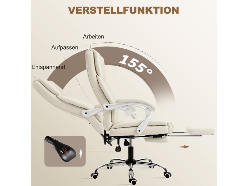  Chaise de bureau inclinable 155° avec repose-pieds - lpospi - pivotante réglable, simili cuir beige, 64 × 73 × 112-120 cm  - Conforama B