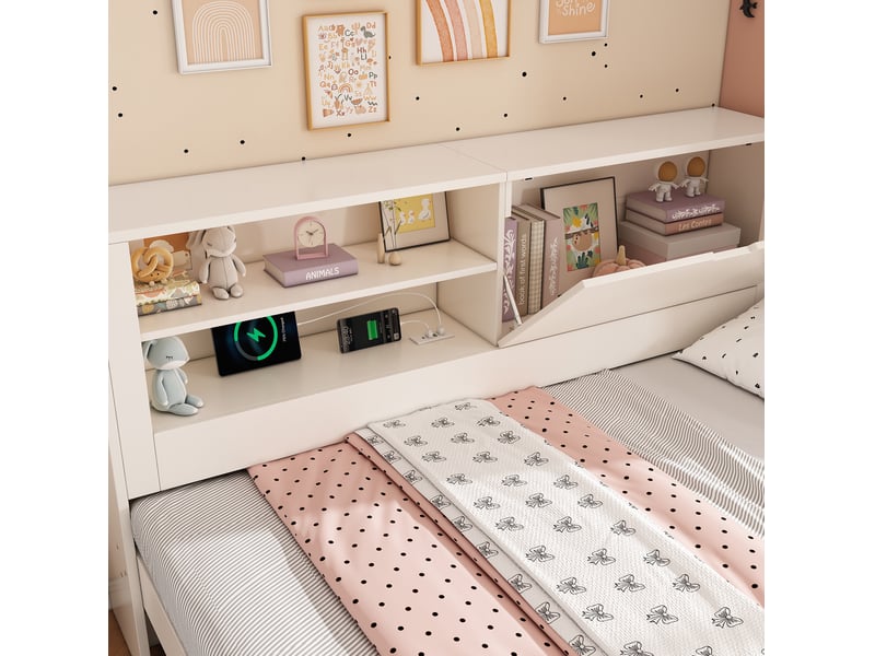  Lit gigogne 90x190 cm, lit enfant avec rangement mural ouvert et fermé, ports usb, sommier, mdf, blanc, sans matelas  - Conforama E