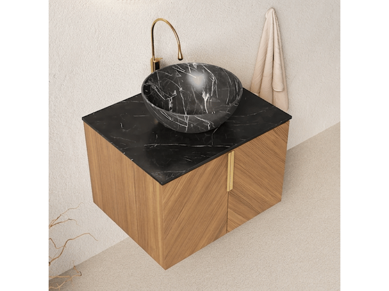  Meuble salle de bain suspendu 61 cm chêne brun avec vasque à poser en céramique noire  - Conforama C