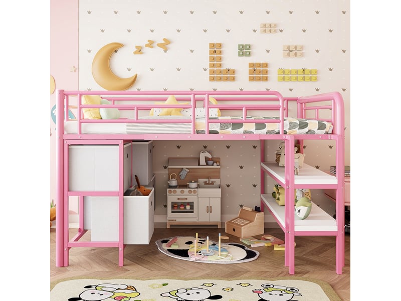Lit mezzanine enfant 90x200 cm basse hauteur tiroirs rangements marches larges coins arrondis métal rose sans matelas - Conforama D