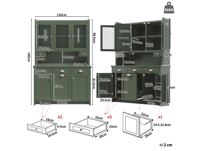 Buffet de cuisine avec éclairage led connecté, 120x40x180 cm, vert - Conforama E