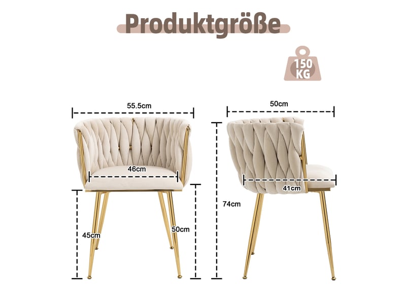  Lot de 2 chaises de salle à manger 55.5x50x74cm – design tissé à la main avec pieds en métal doré – velours - blanc ivoire  - Conforama C