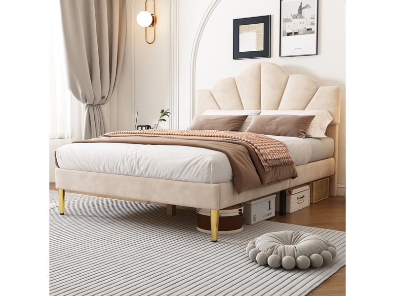  Lit rembourré en velours beige 140 x 190 cm  - Conforama D