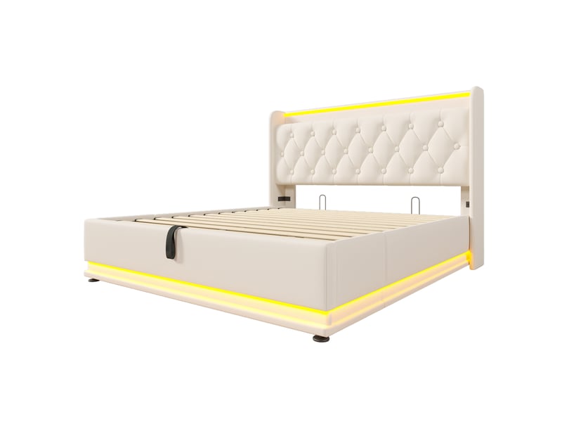  Lit coffre,160x200 cm,avec led et port usb type-c,pu,blanc  - Conforama D