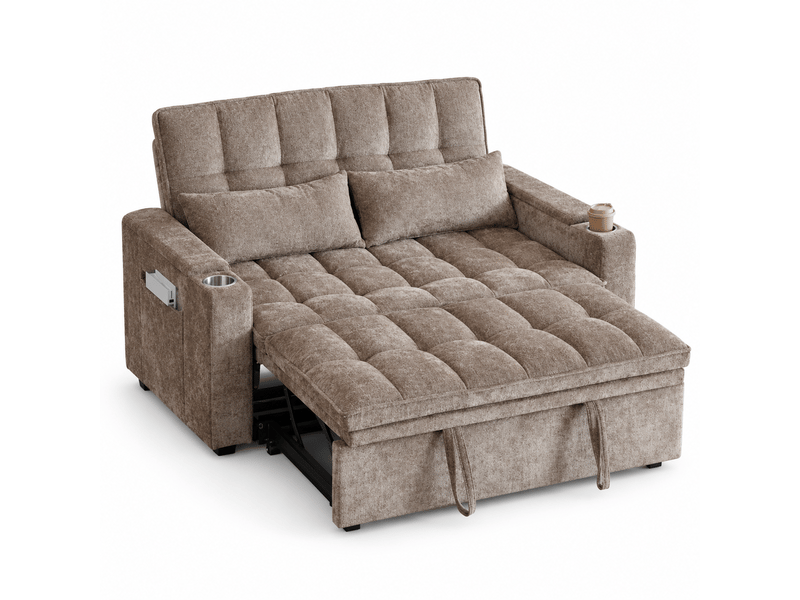  Canapé convertible 3-en-1 142 x 89 x 89 cm, coussins assise et dossier moelleux, 2 lombaires, tablette et porte-gobelet, chenille, marron OMNIGLINT TRADING LTD - Conforama A