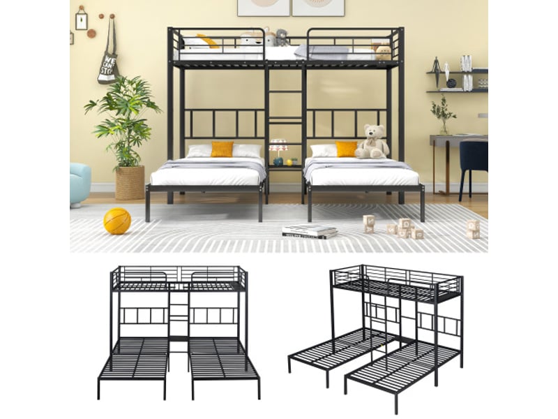 Lit superposé enfant 90x200 cm avec échelle, grille antichute et table, en métal, noir, sans matelas - Conforama C