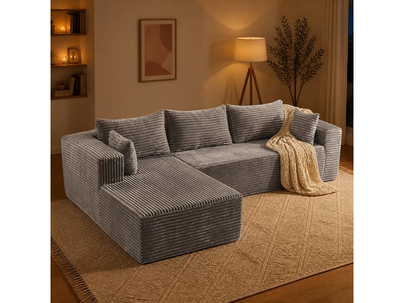 Canapé d’angle modulable modenvie 2 places avec chaise longue en velours côtelé gris 279 x 179 x 83 cm - Conforama D