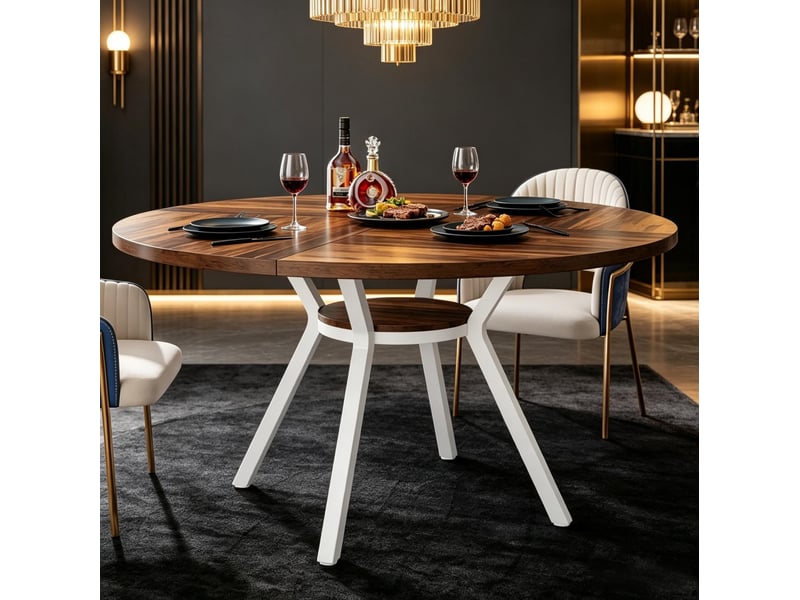 Table à manger ronde 120 cm pour 4 à 6 personnes avec tablette, marron et blanc - Conforama C