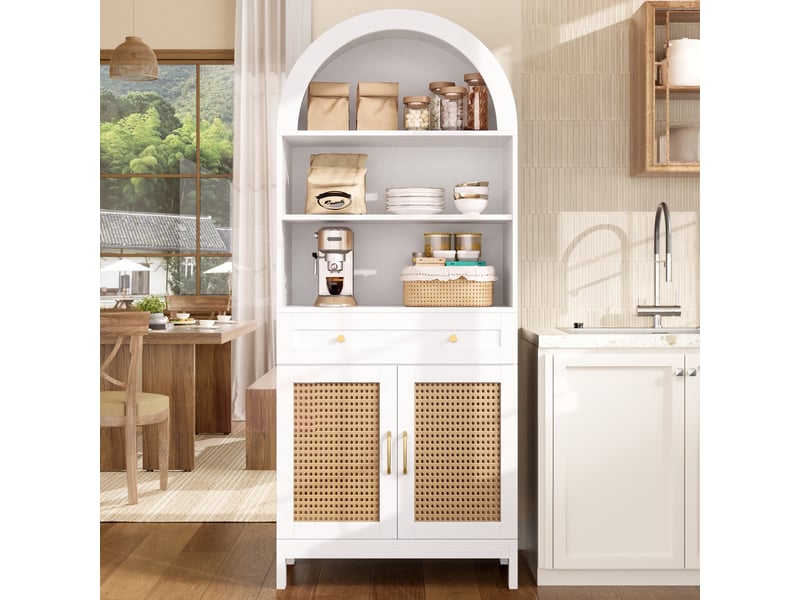  Buffet haut arqué 70x40x170 cm avec 2 portes effet rotin, 3 niches ouvertes, 1 tiroir, anti-basculement, blanc et bois naturel, salon entrée  - Conforama C