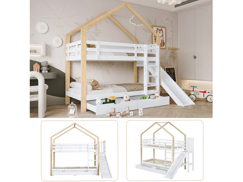  Lit superposé maison 90x200 cm, lit enfant avec toboggan, 2 tiroirs, échelle 3 marches, mdf, blanc+naturel, sans matelas  - Conforama R