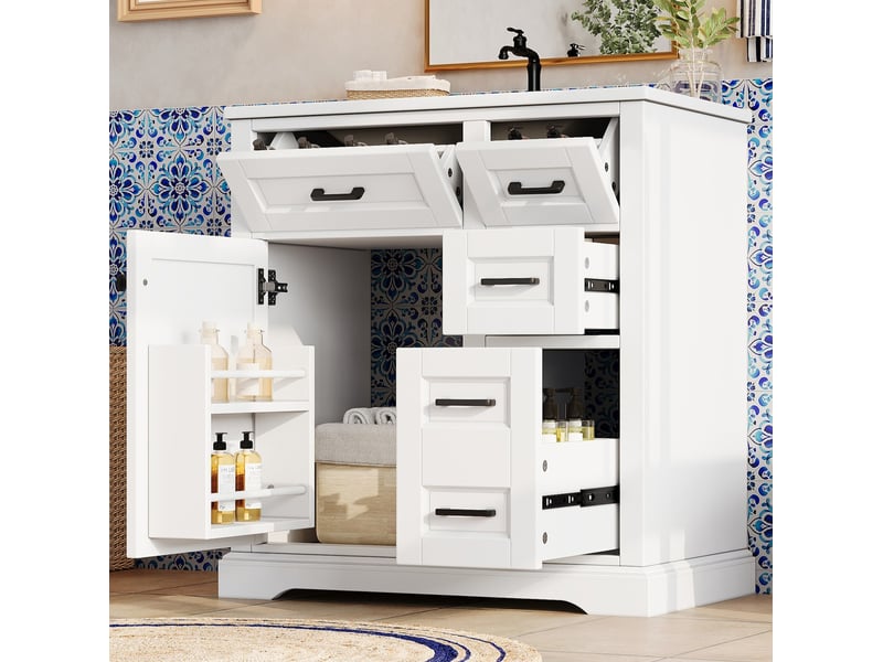 Meuble sous vasque avec 1 porte, 4 tiroirs, lavabo en céramique, fermeture douce, pour salle de bains, 76 × 47 × 82 cm - Conforama D