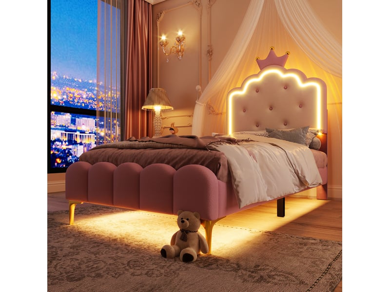 Lit enfant 90x200 cm avec sommier, éclairage led avec télécommande, rose - Conforama D