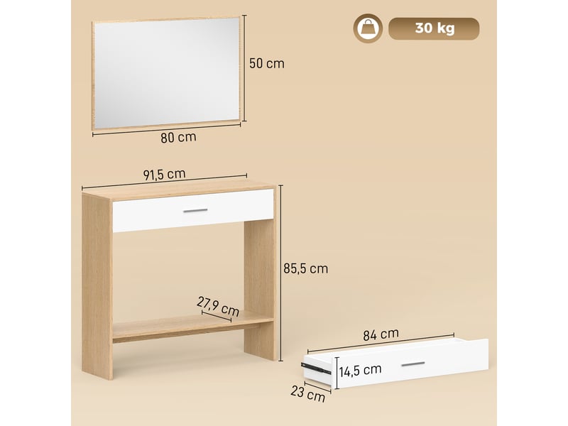  Console meuble + miroir, table console étroite avec tiroir et étagère, style moderne, chêne, 91,5 x 27,9 x 85,5 cm  - Conforama C