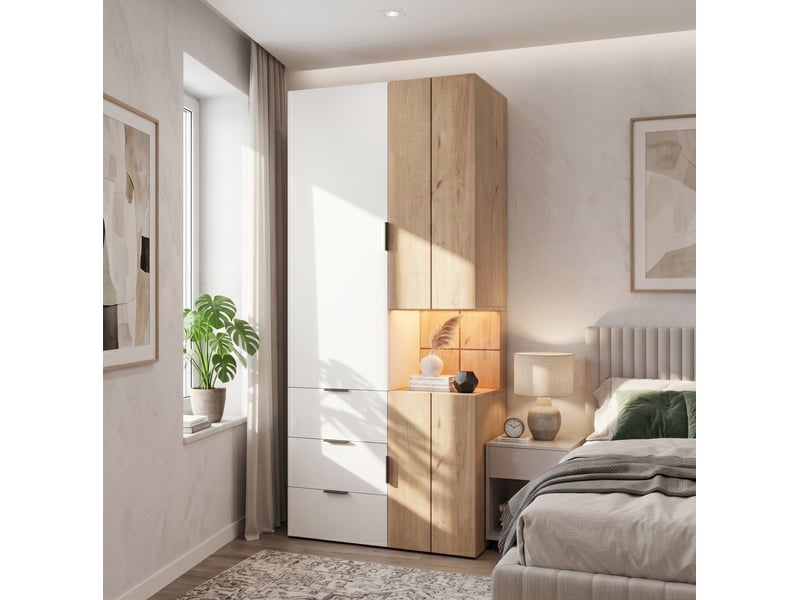  Armoire 90x49x200 cm avec éclairage led et tiroir à bijoux mdf blanc et chêne  - Conforama C