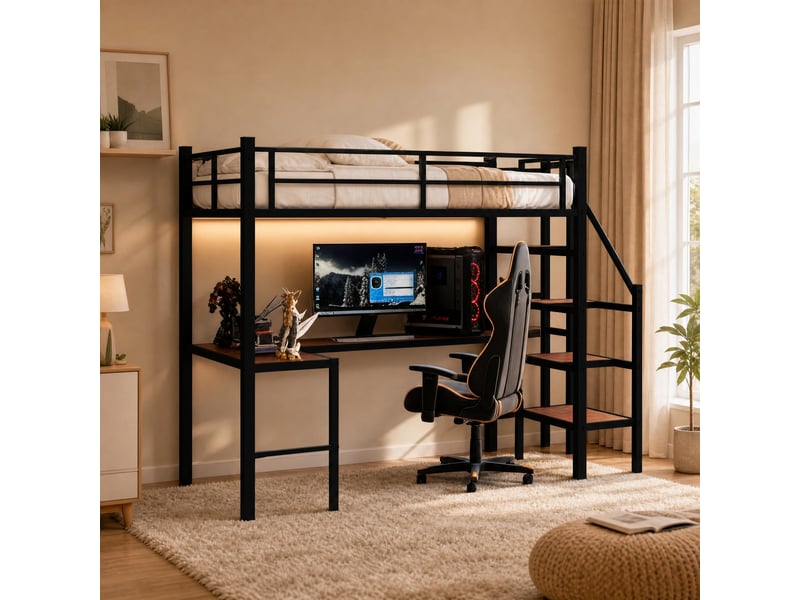 Lit mezzanine 90×190 cm avec bureau en l, étagères, escalier, rangement et barrière, métal noir - Conforama B