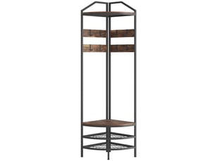 Meuble d'entrée d'angle, vestiaire à 4 niveaux, rangement pour chaussures, 8 patères mobiles, brun rustique, 2 étagères