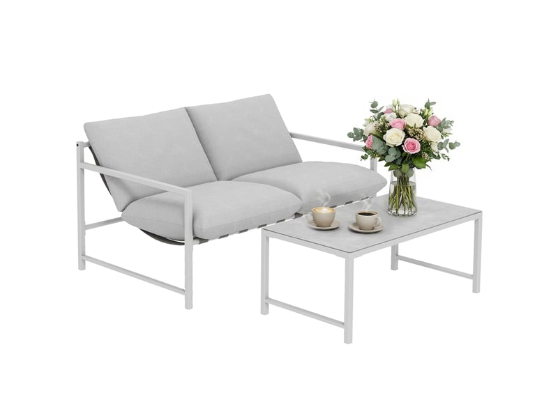  Salon de jardin extérieur 2 pcs, canapé avec coussins, table basse en verre trempé, gris clair  - Conforama B