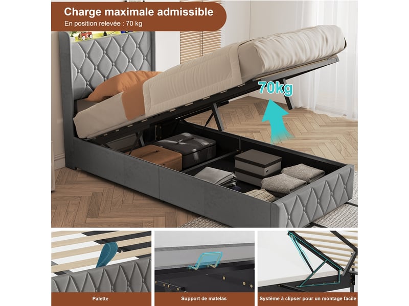 Lit coffre 90x200 cm avec led et usb, lit simple capitonné avec rangement hydraulique, lit 1 place avec sommier à lattes, lit adulte avec tête de lit rembourrée, velours gris - Conforama W