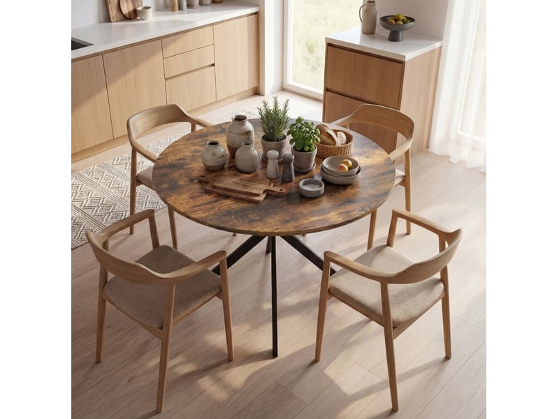 Table à manger ronde, 100 cm, 4 personnes style industriel en x, plateau bois, piètement acier, coloris marron rustique - Conforama B