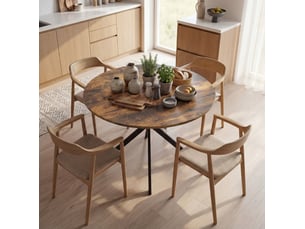 Table à manger ronde, 100 cm, 4 personnes style industriel en x, plateau bois, piètement acier, coloris marron rustique
