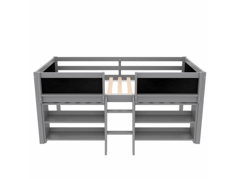  Lit mi-hauteur, 90 x 200 cm, multiples étagères de rangement, barrière de sécurité, échelle, bois de pin, sans matelas, style minimaliste, gris  - Conforama A