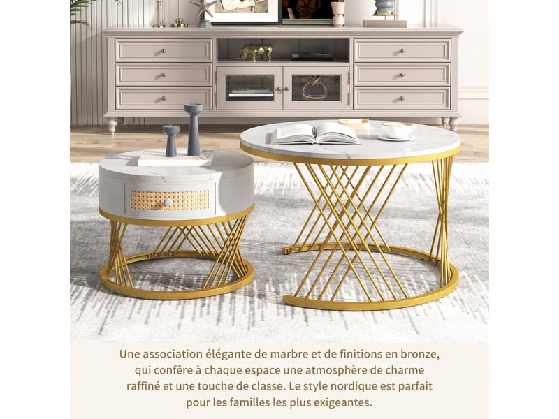  Ensemble de 2 tables basses rondes avec tiroir, blanc et doré, ø 70 et 50 cm  - Conforama E
