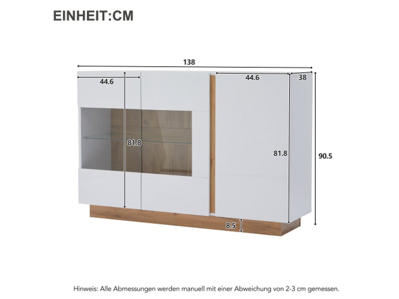 Buffet commode haute brillance, panneaux de particules blancs avec verre, base en bois, commode armoire de couloir 138*38*90.5cm - Conforama D