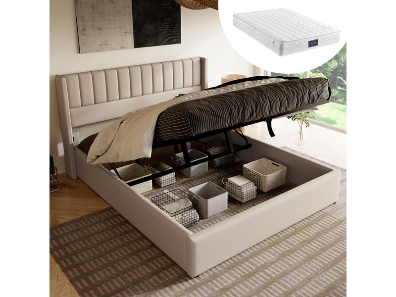  Lit coffre adulte 140x200 cm, lit double avec rangement, tête de lit et sommier, lin beige, matelas inclus  - Conforama W