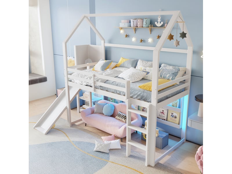  Elvmi lit mezzanine enfant 90x200 cm blanc en pin massif et mdf, forme maison avec toboggan, escalier de rangement, étagères, garde-corps de sécurité et bande led intégrée, couchage surélevé avec espace organisé pour chambre  - Conforama B