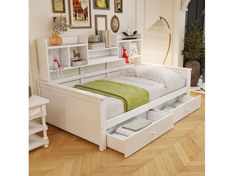  Lit simple 90x200 cm avec tiroirs et rangements en bois blanc  - Conforama B