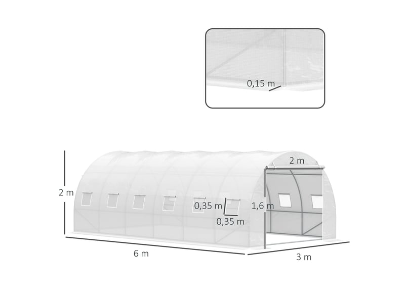  Serre tunnel jardin 6x3x2 m, porte enroulable, 12 fenêtres, pe 140 gm², métal galvanisé, blanche, planteslégumes.  - Conforama E