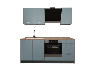 Vicco cuisine, bleu-grisanthracite, 180cm plan de travail chêne doré
