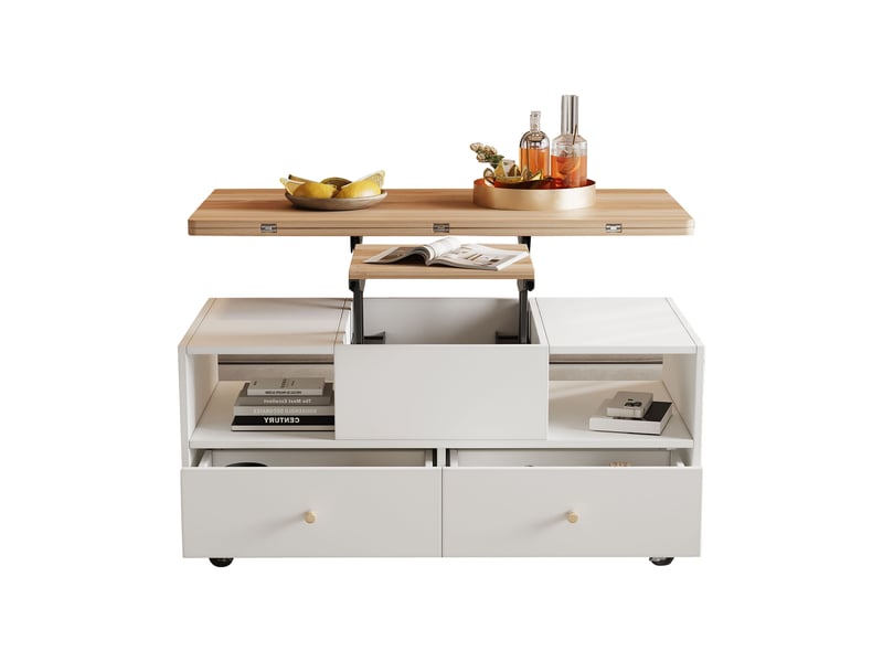  Table basse relevable et extensible en bois et blanc, table basse avec 4 tiroirs sur roulettes, 100x50x47.5cm  - Conforama R
