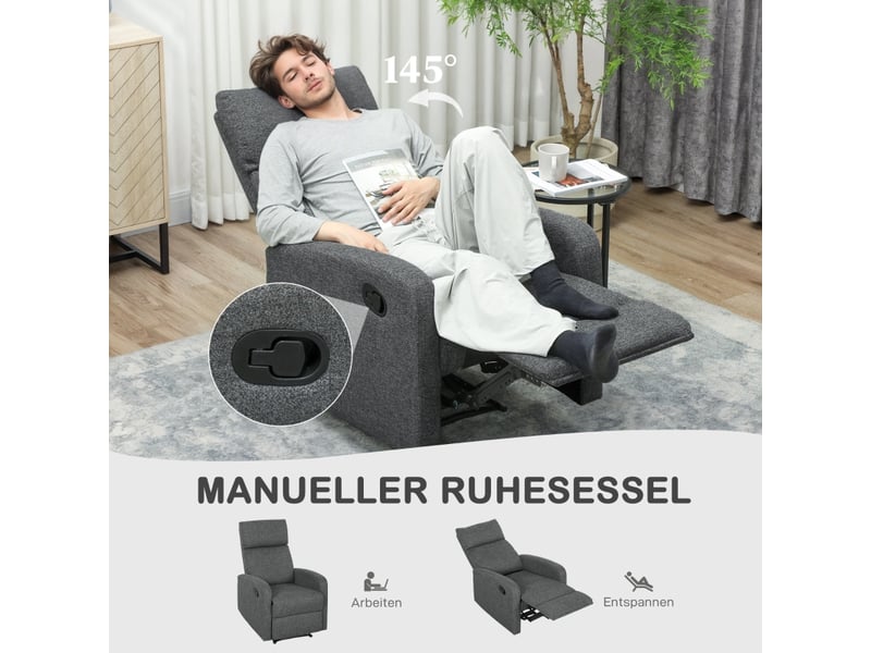 Fauteuil relax inclinable gris foncé, tissu chenille, dossier manuel à 145 degrés et repose-pieds réglable pour le salon - Conforama B