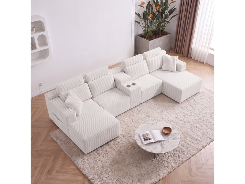  Canapé panoramique en u - 373x150x81cm - canapé modulaire velours côtelé avec porte-gobelets, assise profonde - blanc  - Conforama D
