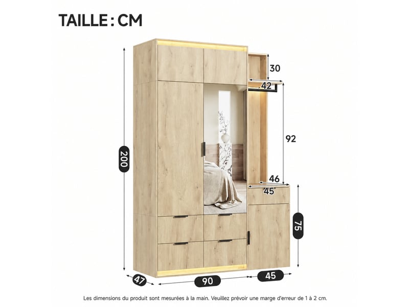  Ensemble vestiaire avec armoire, miroir et led – mdf décor chêne – 135 x 47 x 200 cm  - Conforama D