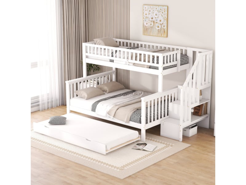  Lit enfant 90140x200cm,lit superposé,lit gigogne en pin avec escalier avec rangement et garde-corps,blanc lit enfant blanc - Conforama B