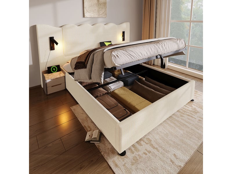  Lit coffre 180x200 avec sommier, liseuse 360°, usb-c, velours côtelé beige-blanc  - Conforama B