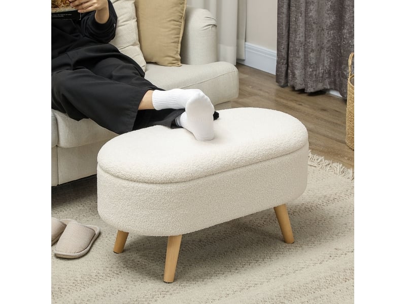  Banc de rangement 82x41x45 cm blanc en polyester, couvercle relevable et pieds en bois pour intérieur  - Conforama B