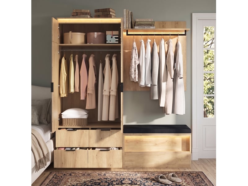  Ensemble vestiaire d'entrée 180x47x200 cm – chêne clair et anthracite – led, miroir et banc rembourré  - Conforama B