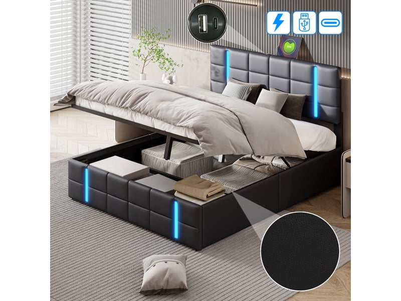  Lit double de rangement 140×200cm, relevage hydraulique, tête de lit led+usb, simili-cuir pu noir, matelas non inclus 231223YZ0401#ADHW15airYFRHF - Conforama D