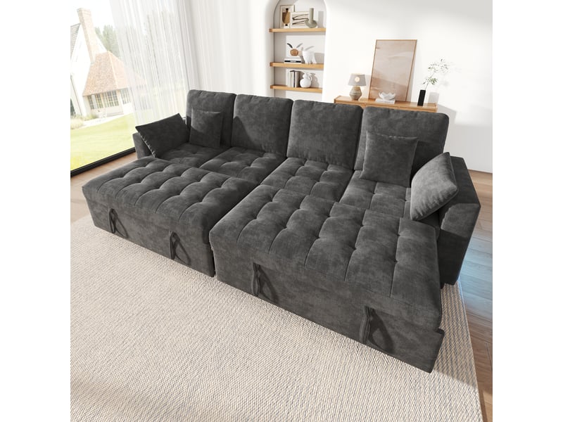 Canapé d’angle convertible 262,5x140x89 cm 4 places en l, led, usbtype-c, dossier réglable 3 positions, chenille, gris Bliss Lite - Conforama E