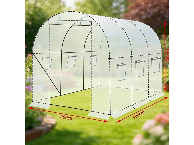 Serre de jardin tunnel 200x300x190 cm – verte – 6 fenêtres, porte enroulable et toile pe 140 gm² - Conforama C