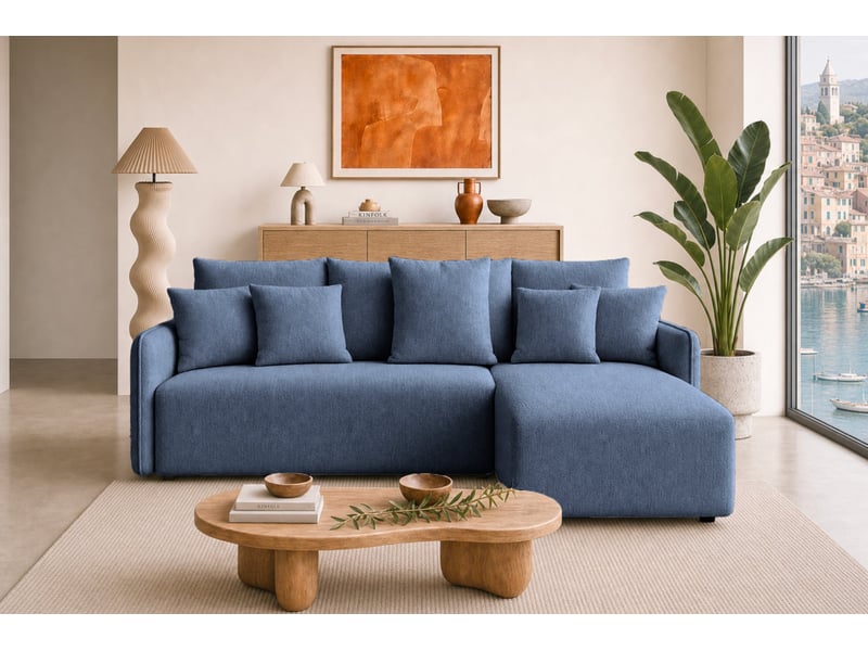 Portofino - canapé d'angle convertible tissu chenille 3 places bleu - Conforama D